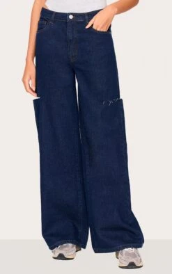 Prettylittlething Indigo Thigh Split Wide Leg Jeans
