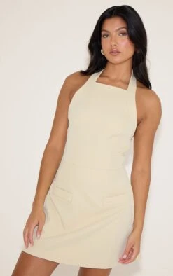 Prettylittlething Butter Cream Tailored Woven Halterneck A Line Dress