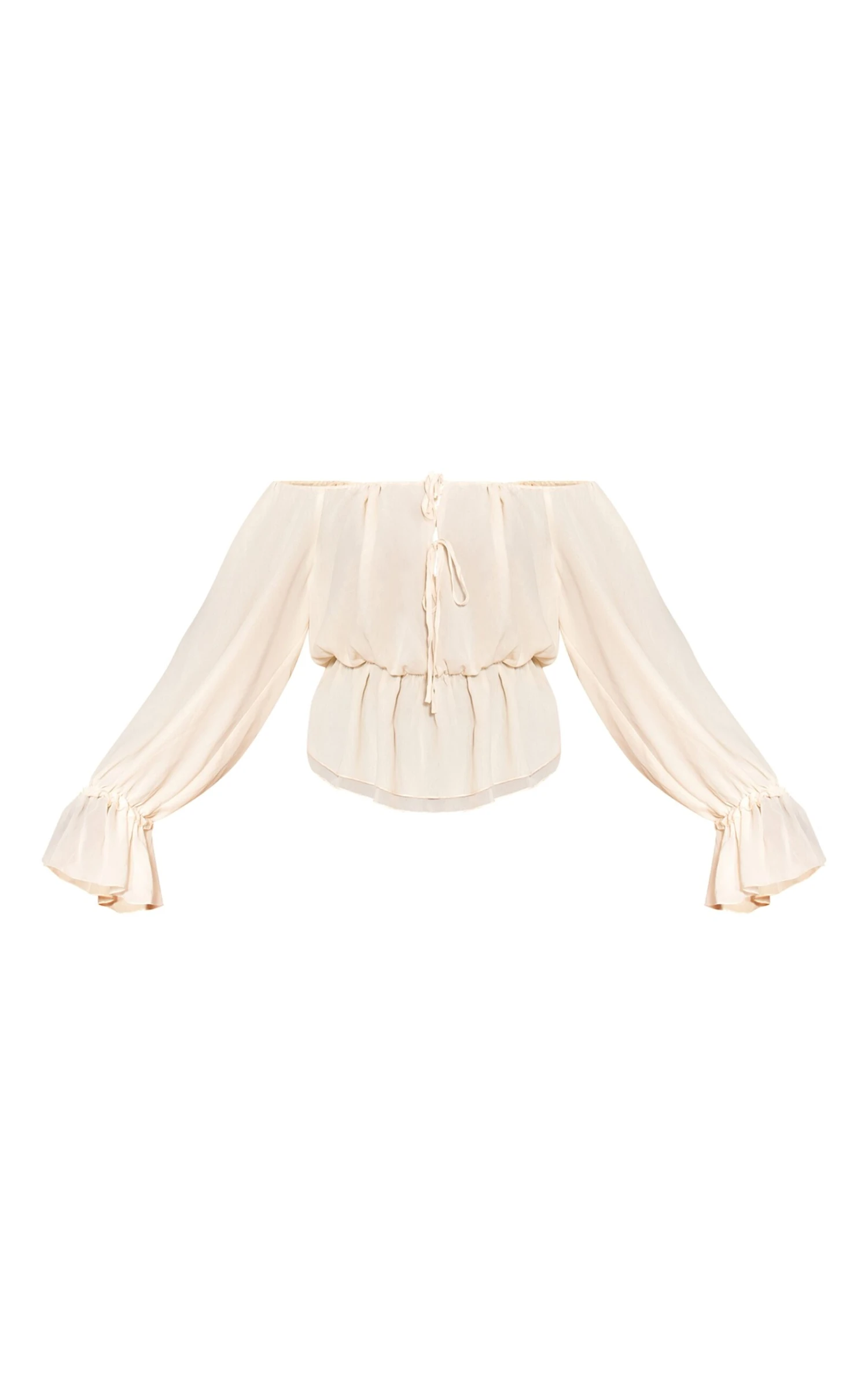 Prettylittlething Cream Chiffon Tie Detail Bardot Floaty Top 5 Prettylittlething Cream Chiffon Tie Detail Bardot Floaty Top - Image 5