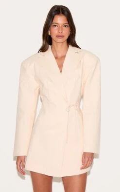 Prettylittlething Cream Linen Blend Tie Detail Blazer Dress