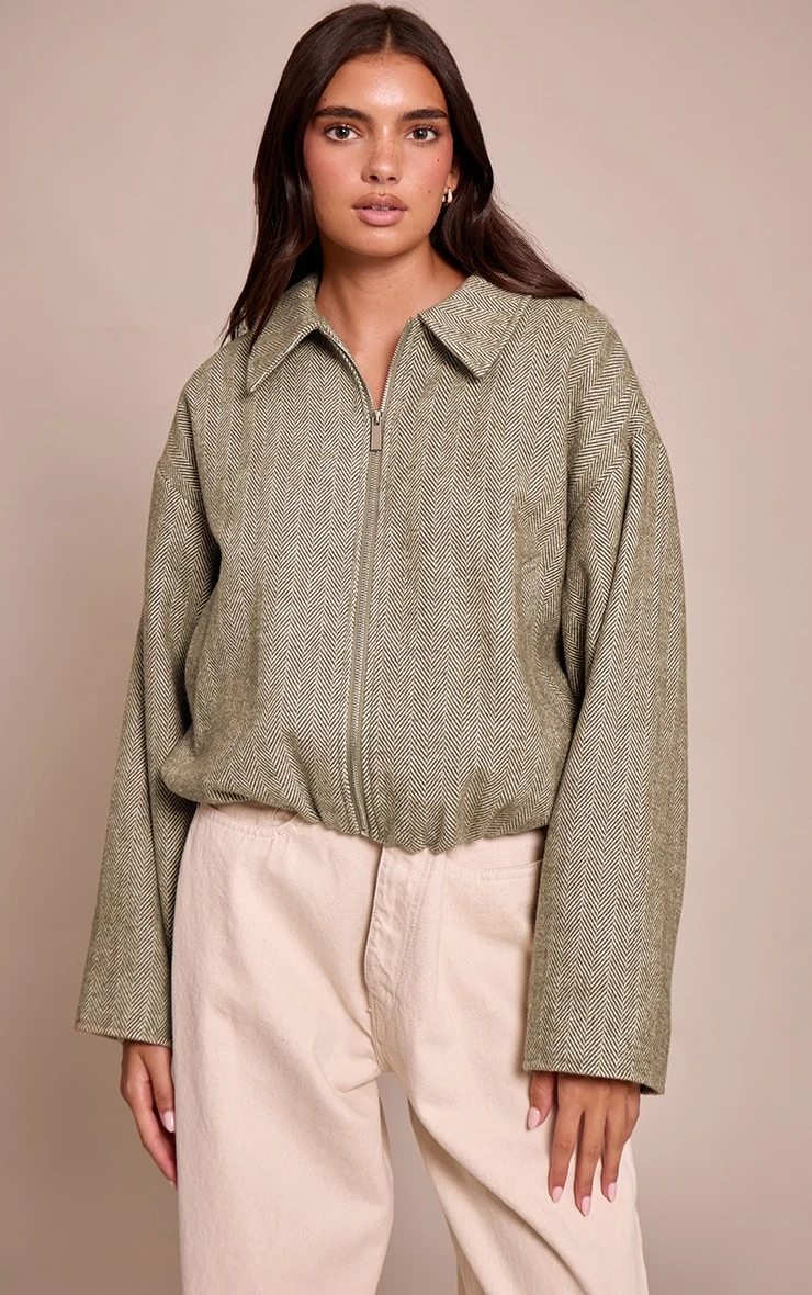 Prettylittlething Olive Herringbone Bomber Jacket 4 Prettylittlething Olive Herringbone Bomber Jacket - Image 4