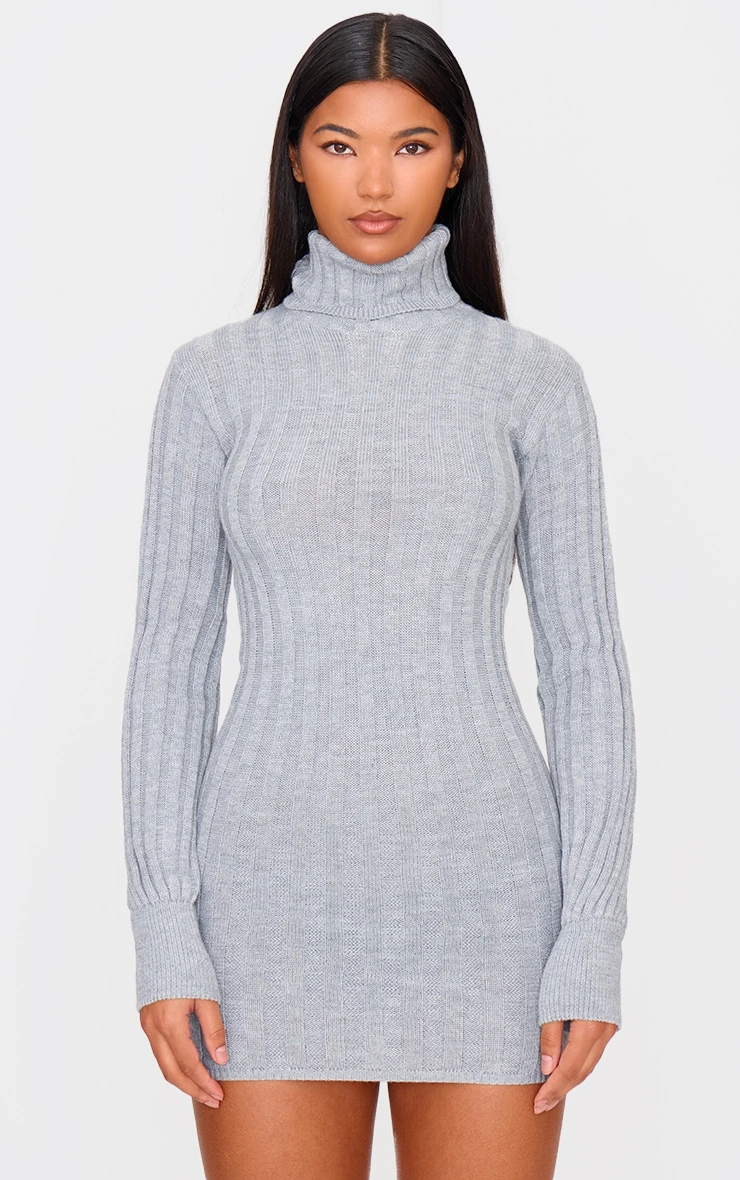Prettylittlething Grey Knitted Roll Neck Sweater Dress