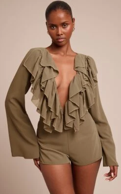 Prettylittlething Olive Frill Detail V Neck Romper