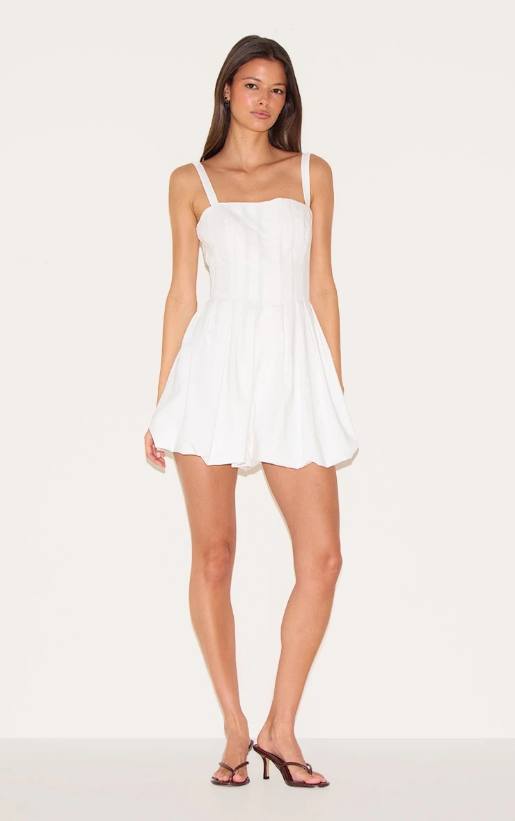 Prettylittlething White Twill Pleated Puffball Romper 3 Prettylittlething White Twill Pleated Puffball Romper - Image 3