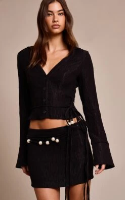 Prettylittlething Black Crinkle Textured Bead Detail Mini Skirt