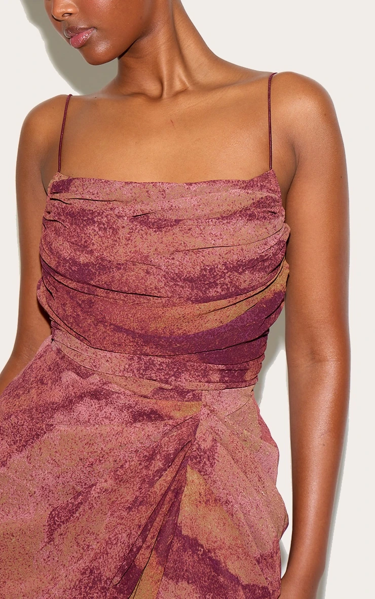 Prettylittlething Dark Purple Abstract Print Chiffon Ruched Drape Midi Dress - Image 4