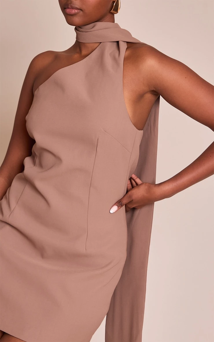 Prettylittlething Mocha Woven Asymmetric Scarf Detail Mini Dress 4 Prettylittlething Mocha Woven Asymmetric Scarf Detail Mini Dress - Image 4