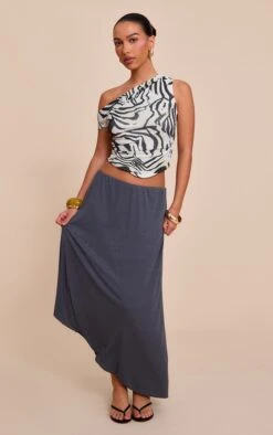 Prettylittlething Charcoal Burnout Mesh Asymmetric Flowing Midi Skirt