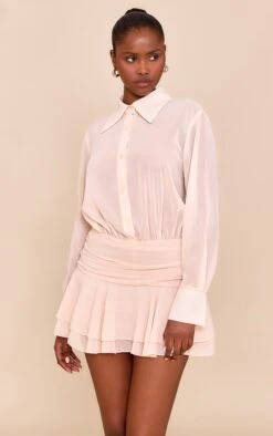 Prettylittlething Beige Chiffon Sheer Waist Detail Romper