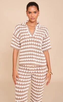 Prettylittlething Mocha Crochet Stripe Rugby Knit Top