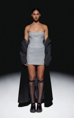 Prettylittlething Grey Wool Look Corset Bodycon Dress