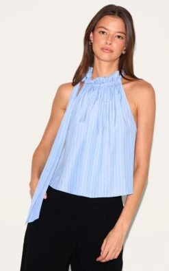 Prettylittlething Blue Pinstripe Ruched Tie Neck Top
