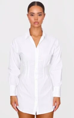 Prettylittlething White Fitted Waist Long Sleeve Button Shirt Dress