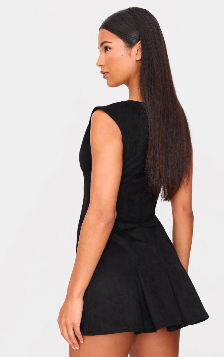 Prettylittlething Black Faux Suede Pleated Pocket Detail Shift Dress 2 Prettylittlething Black Faux Suede Pleated Pocket Detail Shift Dress - Image 2