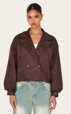 Prettylittlething Chocolate Faux Suede Balloon Sleeve Trench Coat