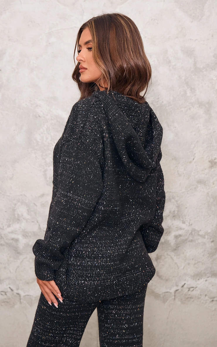 PRETTYLITTLETHING Black Space Dye Oversized Knitted Hoodie 2 PRETTYLITTLETHING Black Space Dye Oversized Knitted Hoodie - Image 2