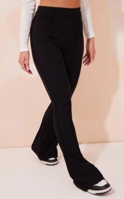 Prettylittlething Black Rib High Waist Seam Detail Flared Pants