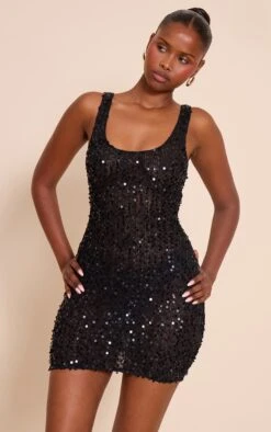 Prettylittlething Black Sequin Scoop Neck Mini Dress