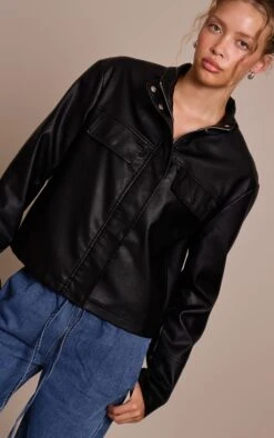 Prettylittlething Black Faux Leather Funnel Neck Jacket -Pretty Little Thing Shop 87133fccb4dbfcf538d7294261e6074f63ba70bd CNN2526 4 black faux leather funnel neck jacket