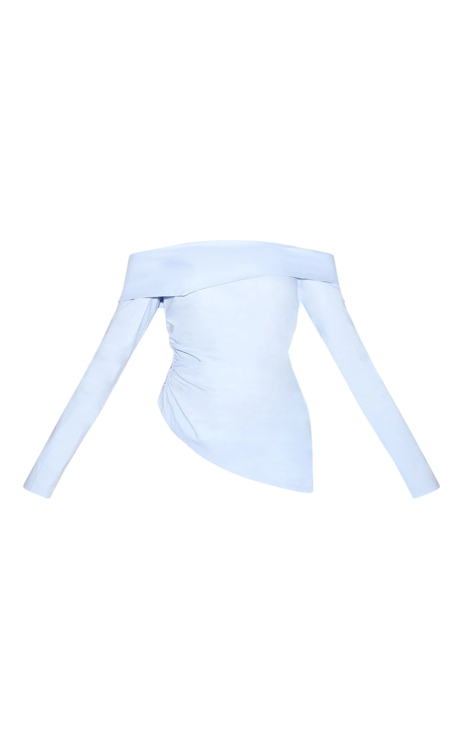 Prettylittlething Sky Blue Cotton Ruched Asymmetric Hem Bardot Top - Image 5