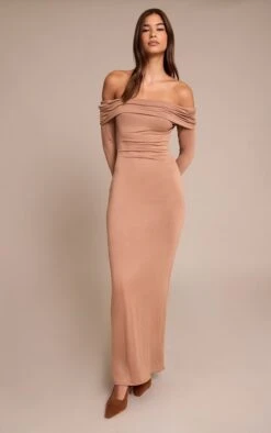 Prettylittlething Taupe Soft Touch Jersey Bardot Maxi Dress
