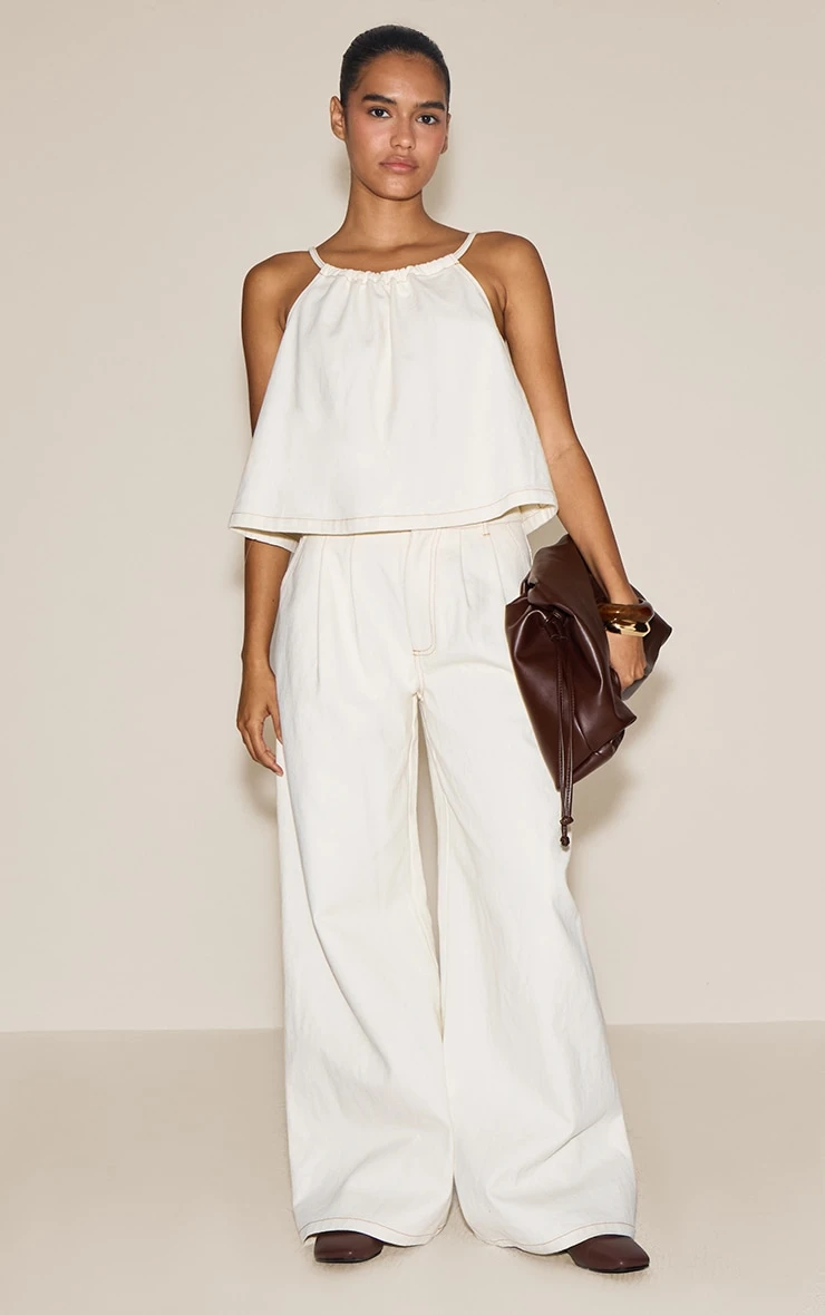 Prettylittlething Ecru Pleated Wide Leg Jeans 1 Prettylittlething Ecru Pleated Wide Leg Jeans