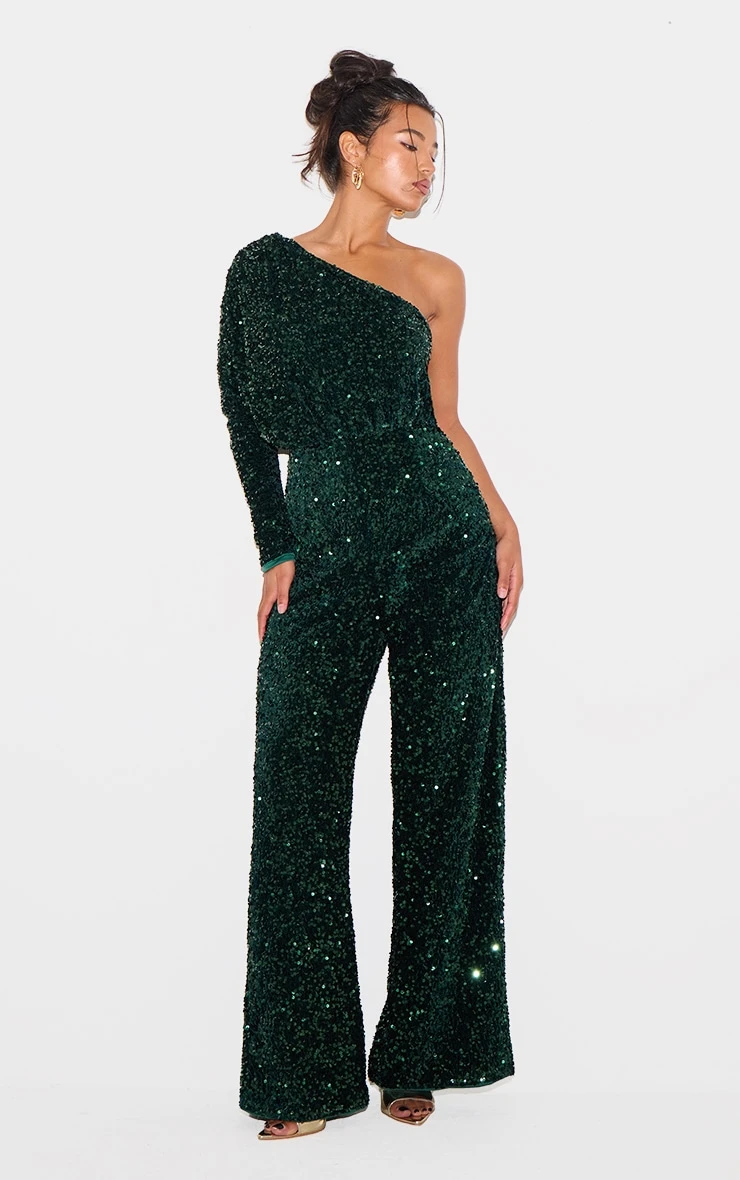 Prettylittlething Emerald Green Velvet Sequin One Shoulder Wide Leg Jumpsuit 3 Prettylittlething Emerald Green Velvet Sequin One Shoulder Wide Leg Jumpsuit - Image 3