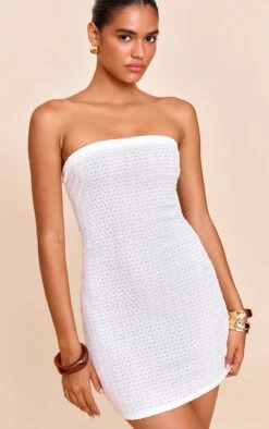 Cream Textured Bandeau Bodycon Dress