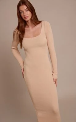 Oatmeal Square Neck Knitted Maxi Dress