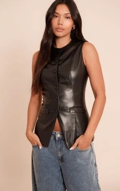 Prettylittlething Black Faux Leather Longline Vest