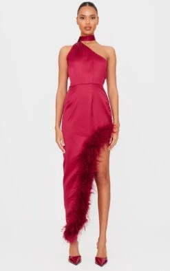 Prettylittlething Red Satin High Neck Feather Trim Maxi Dress