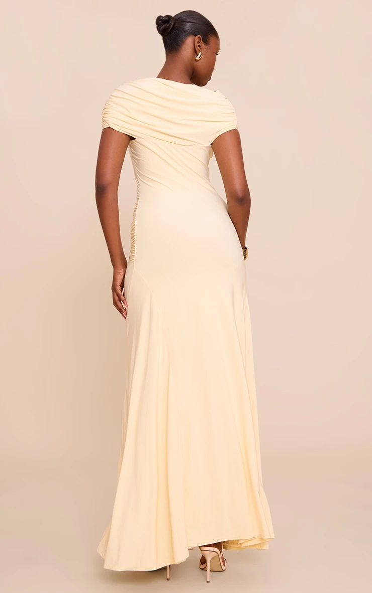 Prettylittlething Lemon Double Layer Slinky Asymmetric Ruched Maxi Dress - Image 2