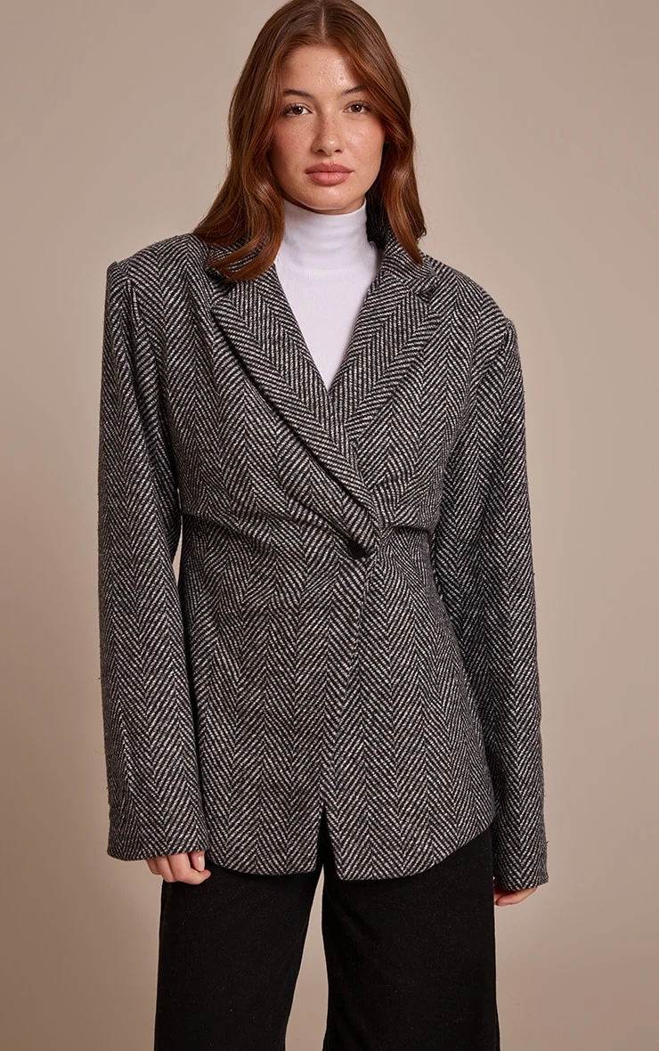 Prettylittlething Grey Herringbone Gathered Cinched Waist Blazer 1 Prettylittlething Grey Herringbone Gathered Cinched Waist Blazer