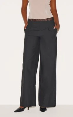 Prettylittlething Black Lace Waist Detail Woven Wide Leg Pants