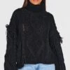 Prettylittlething Black Cable Knit Tassel Detail Roll Neck Sweater