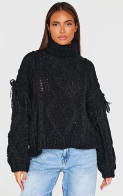 Prettylittlething Black Cable Knit Tassel Detail Roll Neck Sweater