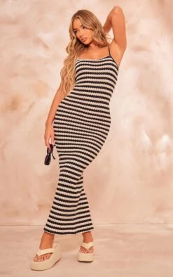 Prettylittlething Monochrome Textured Stripe Strappy Maxi Dress