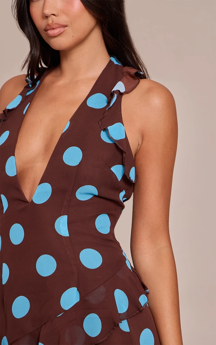 Brown Polka Dot Chiffon Frill Plunge Long Top 4 Brown Polka Dot Chiffon Frill Plunge Long Top - Image 4