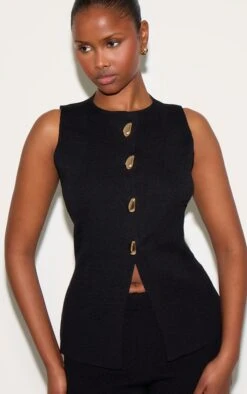 Prettylittlething Black Compact Knit Button Up Vest