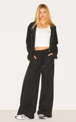 Prettylittlething Black Peach Skin Woven Wide Leg Pants