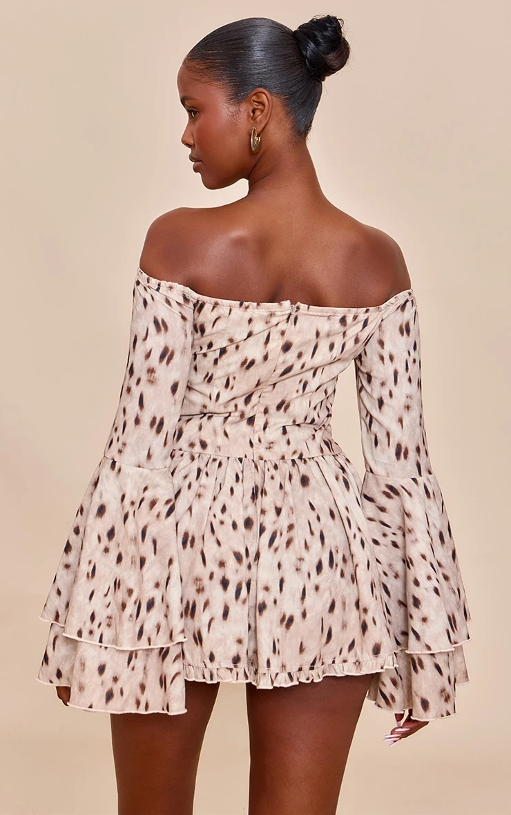 Prettylittlething Brown Abstract Print Bardot Flare Sleeve Romper 2 Prettylittlething Brown Abstract Print Bardot Flare Sleeve Romper - Image 2
