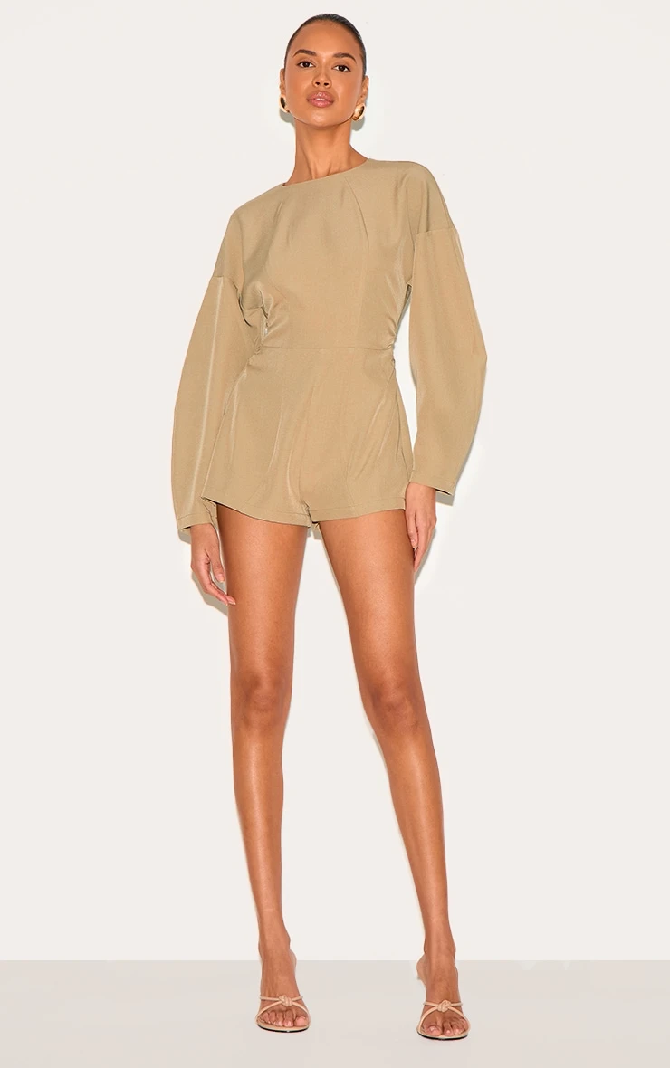 Prettylittlething Stone Tailored Woven High Neck Cocoon Sleeve Romper 3 Prettylittlething Stone Tailored Woven High Neck Cocoon Sleeve Romper - Image 3