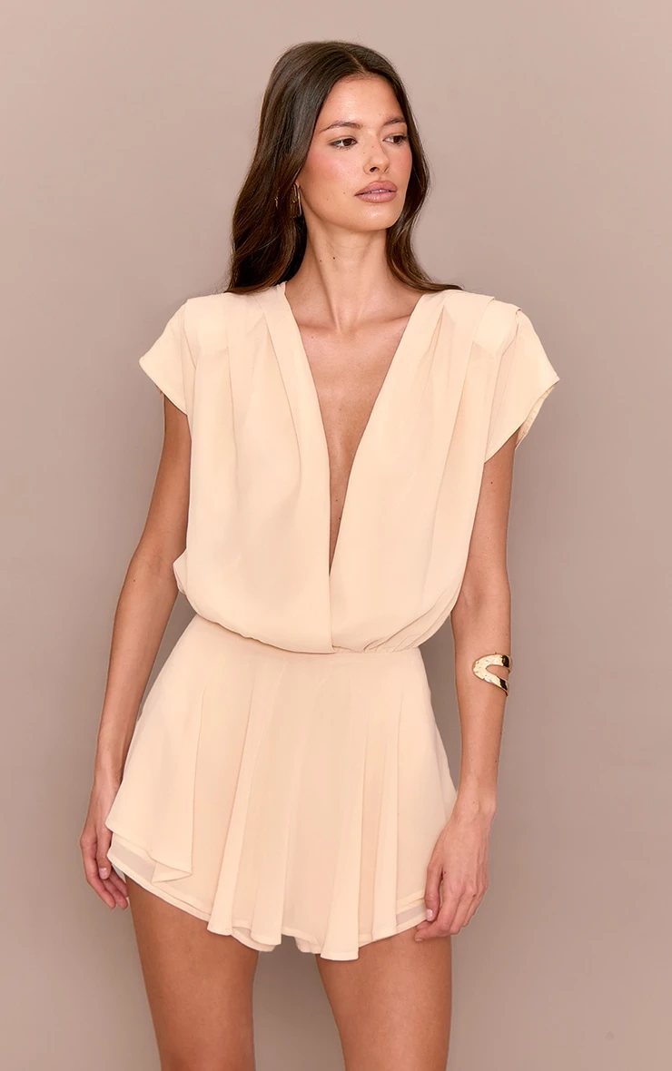 Prettylittlething Almond Chiffon Extreme Plunge Neck Floaty Romper 1 Prettylittlething Almond Chiffon Extreme Plunge Neck Floaty Romper