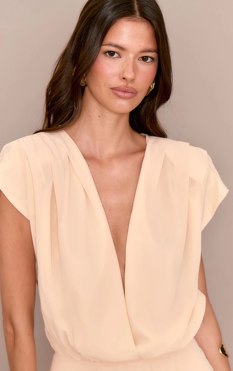 Prettylittlething Almond Chiffon Extreme Plunge Neck Floaty Romper 4 Prettylittlething Almond Chiffon Extreme Plunge Neck Floaty Romper - Image 4