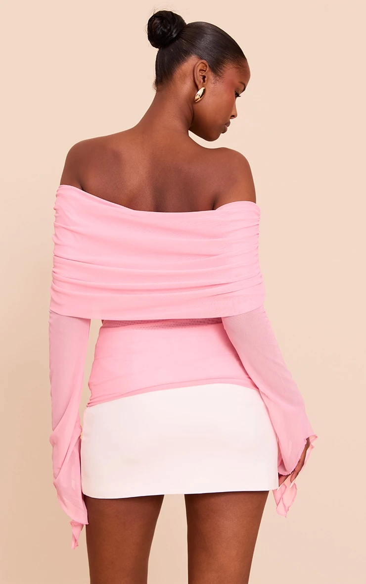 Prettylittlething Pale PinkMesh Fold Over Extreme Sleeve Detail - Image 2