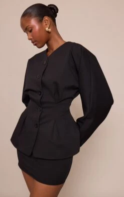 Black Cinched Waist Button Up Blazer