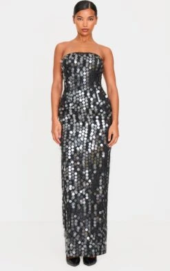 Prettylittlething Black Textured Disk Sequin Maxi Dress