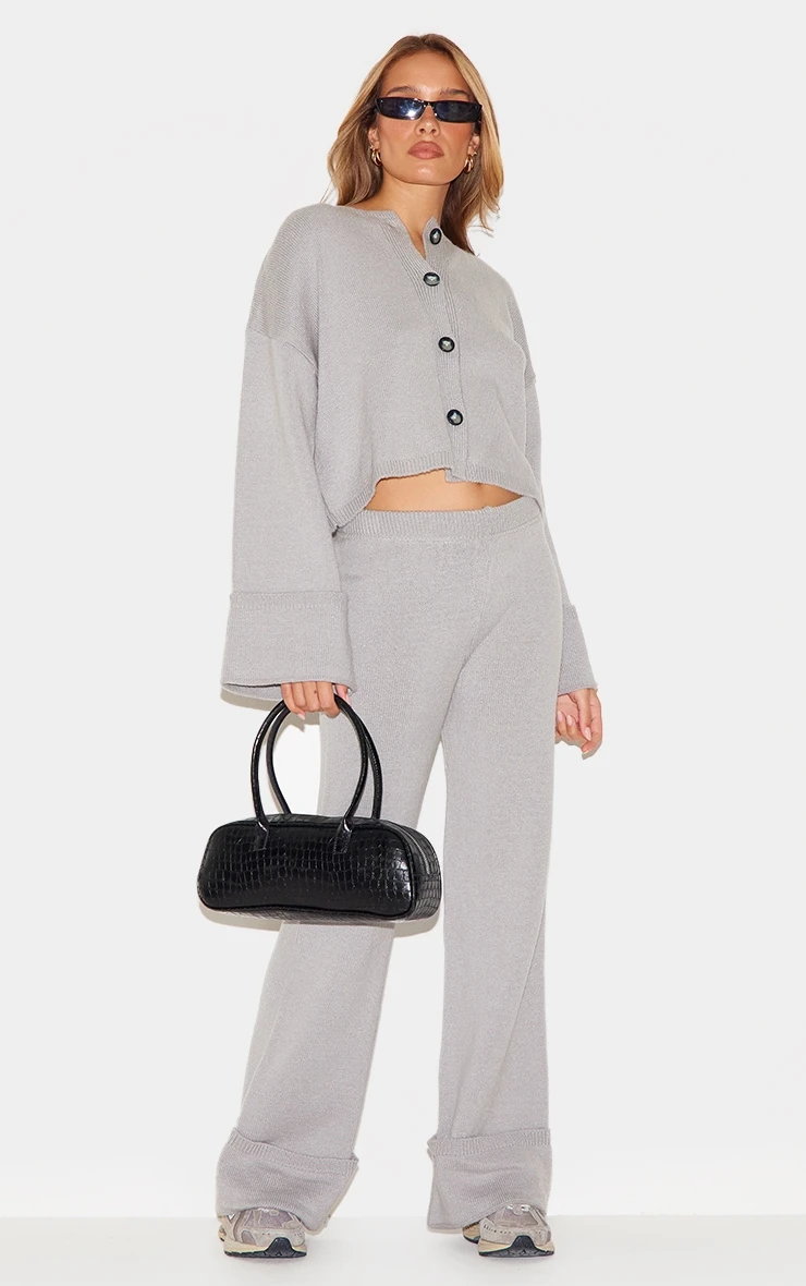 Grey Turn Up Sleeve Knit Cardigan 3 Grey Turn Up Sleeve Knit Cardigan - Image 3