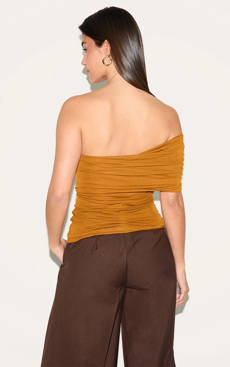 Prettylittlething Tan Sheer Soft Touch Fold Over Detail One Shoulder Long Top - Image 2