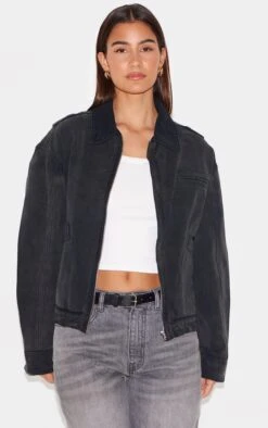 Prettylittlething Washed Black Boxy Seam Detail Denim Carpenter Jacket